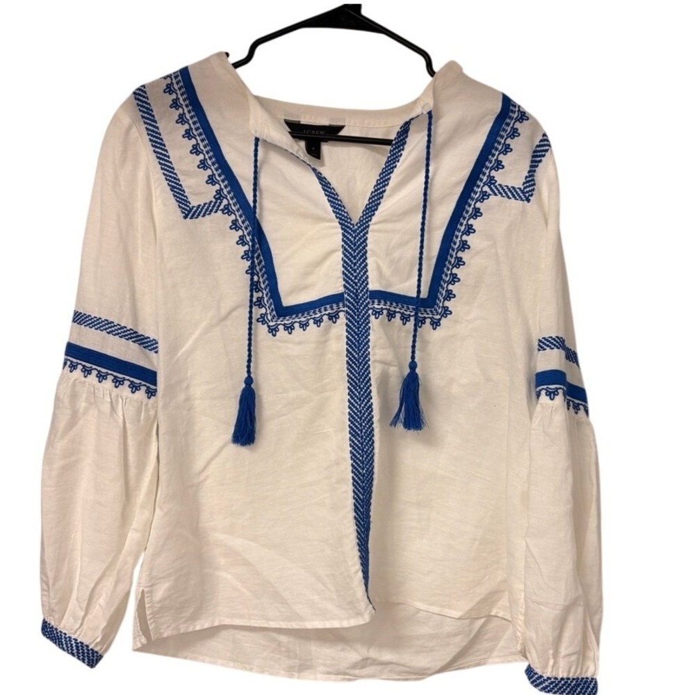 J Crew Embroidered Tassel Tunic Shirt White Blue Cotton Size 6